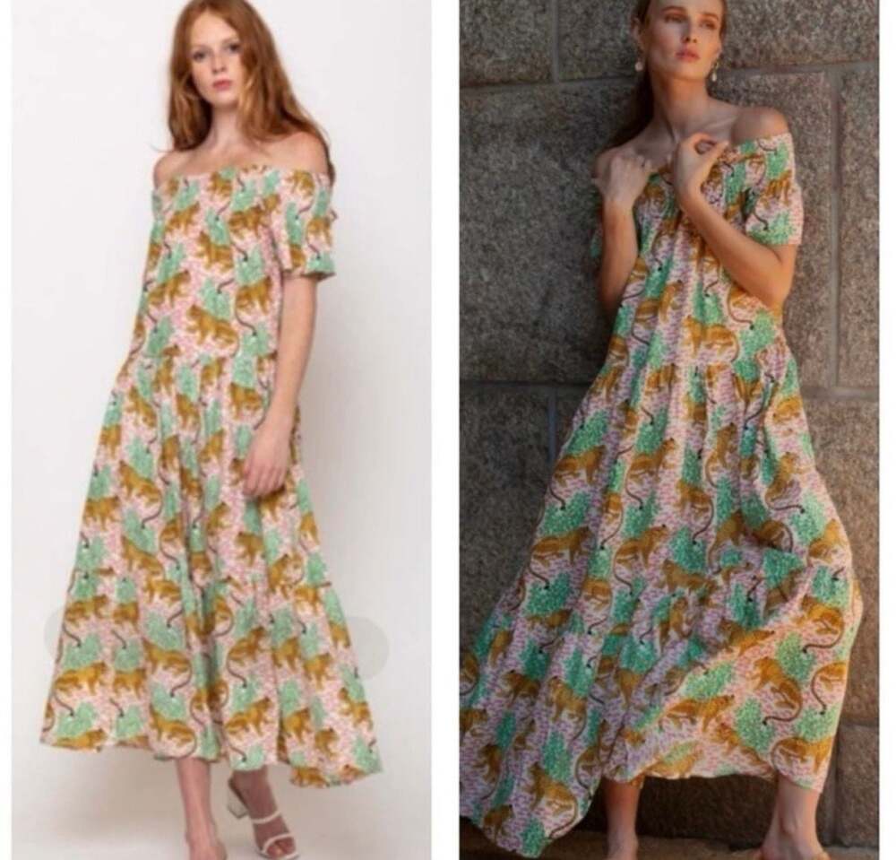 Guadalupe Momposina  Off Shoulder Maxi Dress Tiger Print One Size